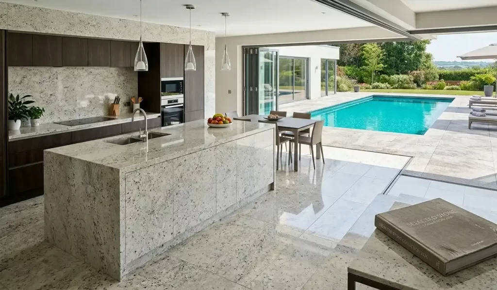 Açık plan mutfak ve havuz alanı için bütünleşik granit zemin ve tezgah uygulama örneği
