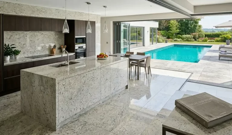 Açık plan mutfak ve havuz alanı için bütünleşik granit zemin ve tezgah uygulama örneği